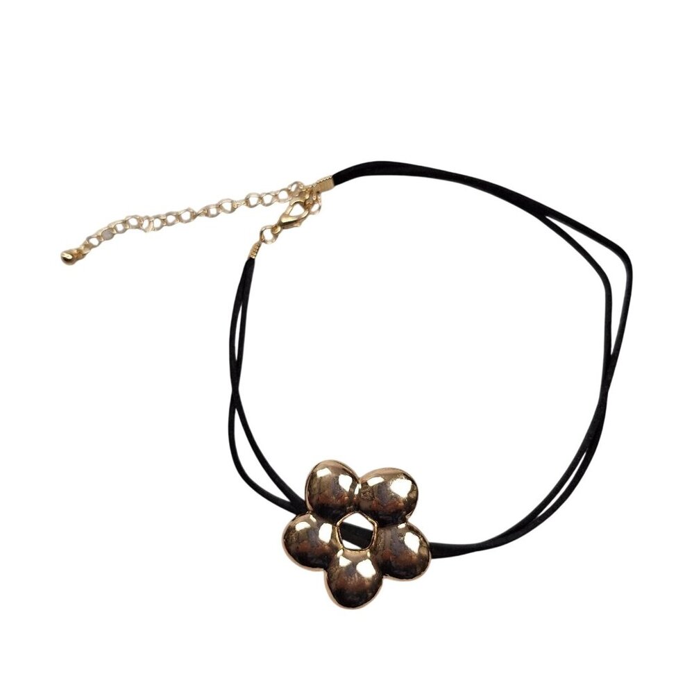 Urban Outfitters Flower Choker Necklace Womens Black Gold Tone Double Strand